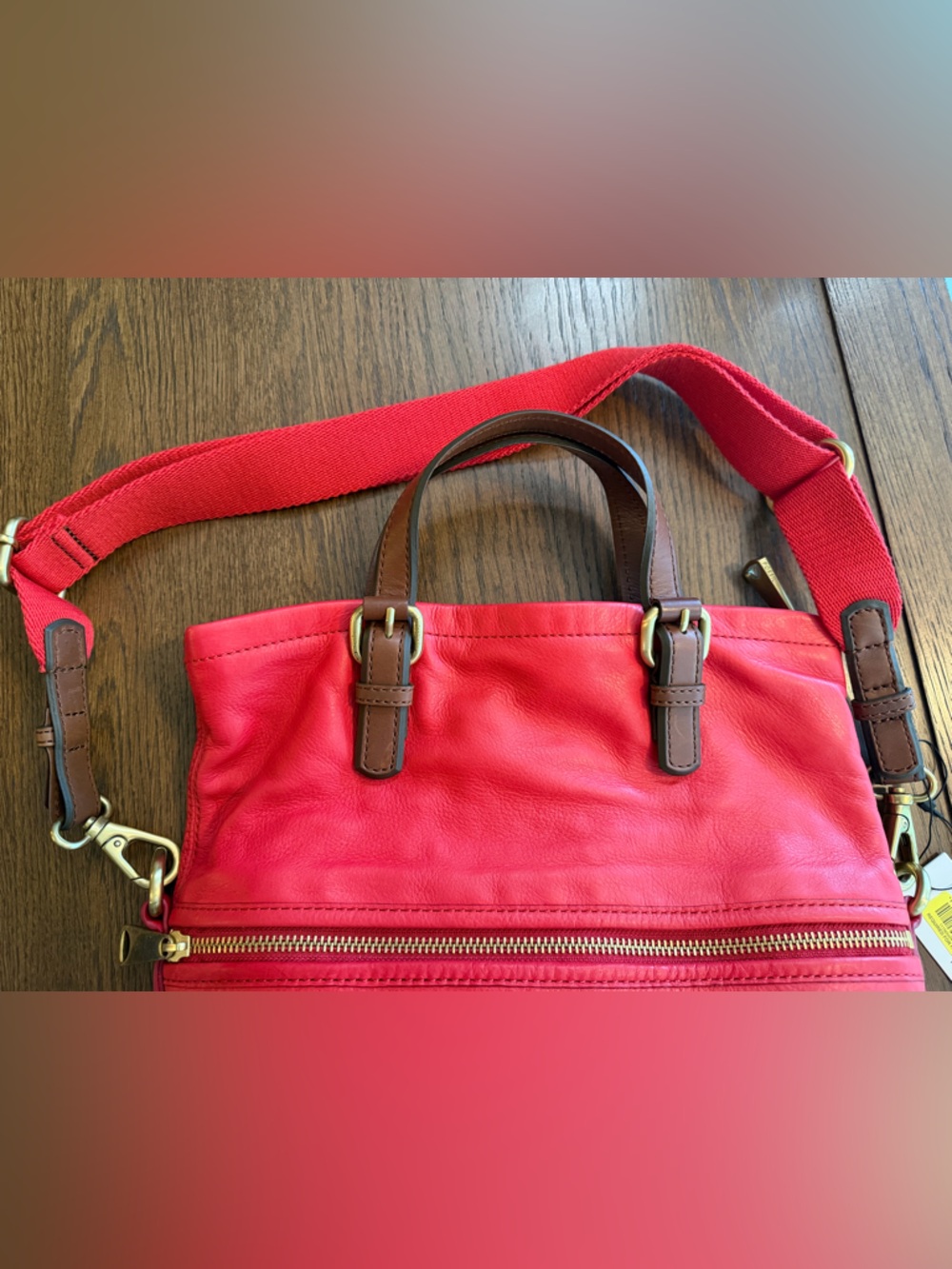 NWT Fossil Red Leather Explorer Fold Over Convertible Shoulder Tote w Brown Trim - Picture 3 of 13